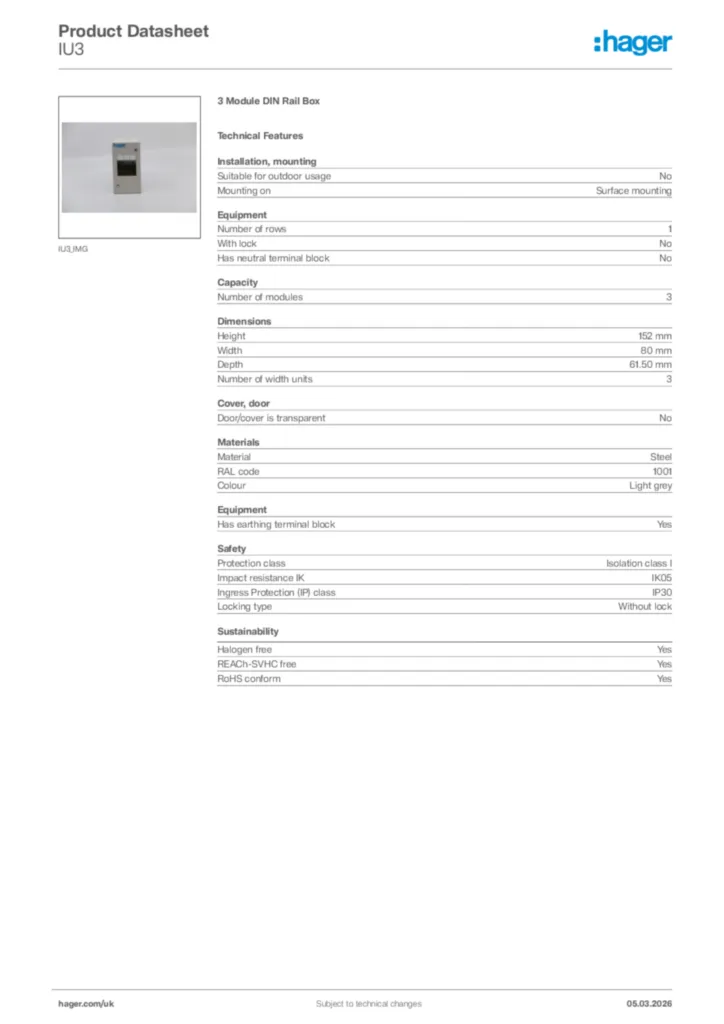 Image Hager Product data sheet IU3  | Hager