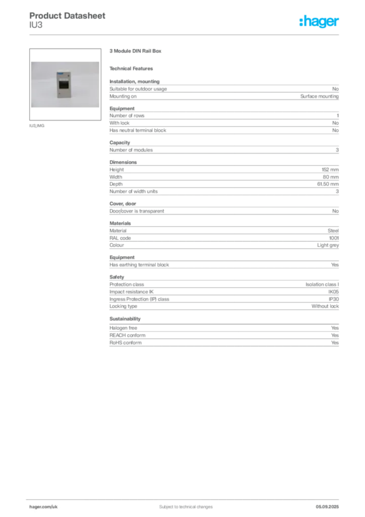 Image Hager Product data sheet IU3  | Hager