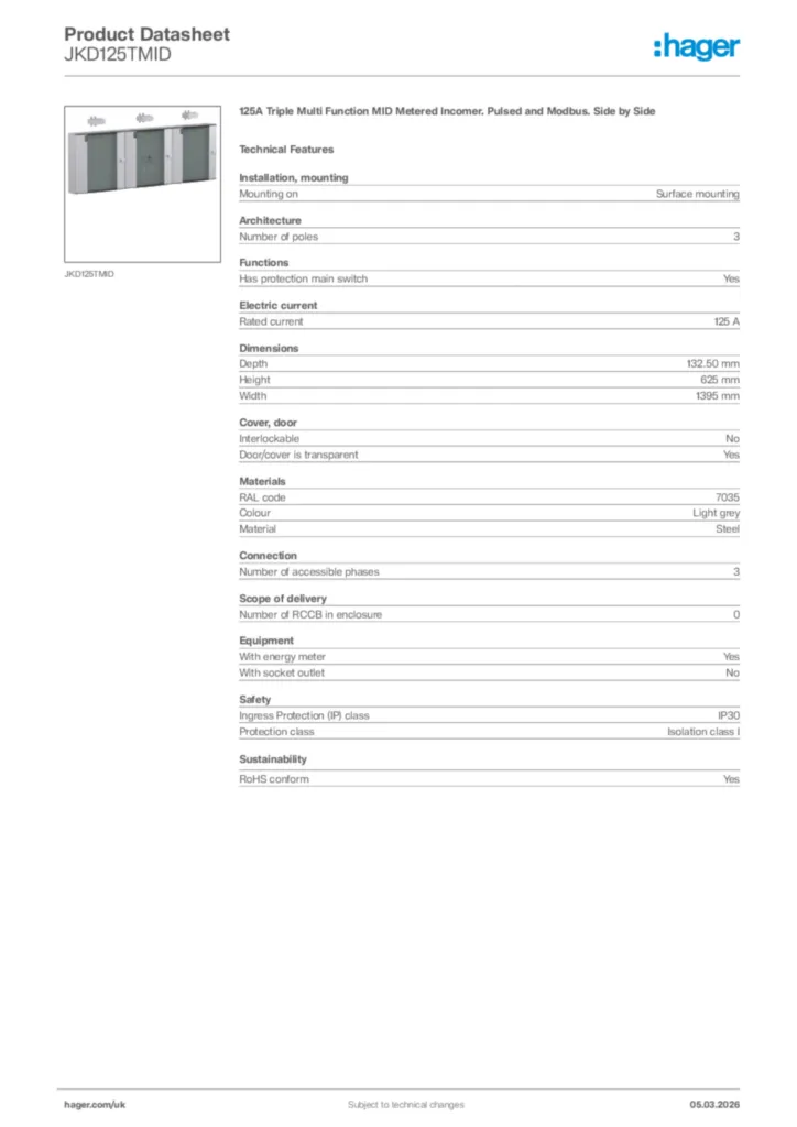 Image Hager Product data sheet JKD125TMID  | Hager