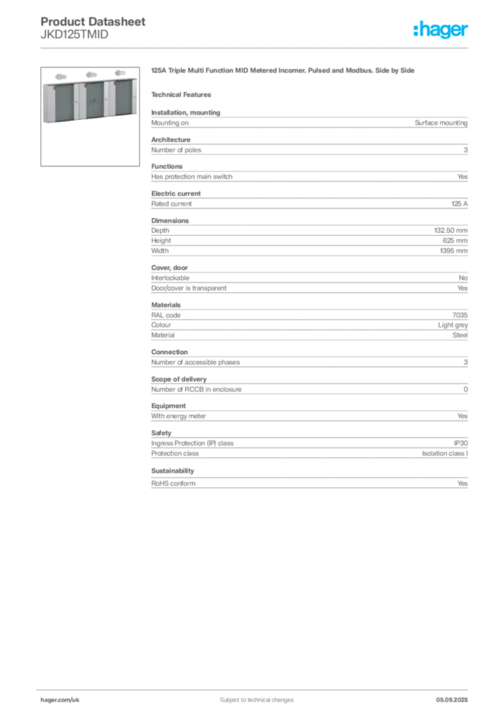 Image Hager Product data sheet JKD125TMID  | Hager