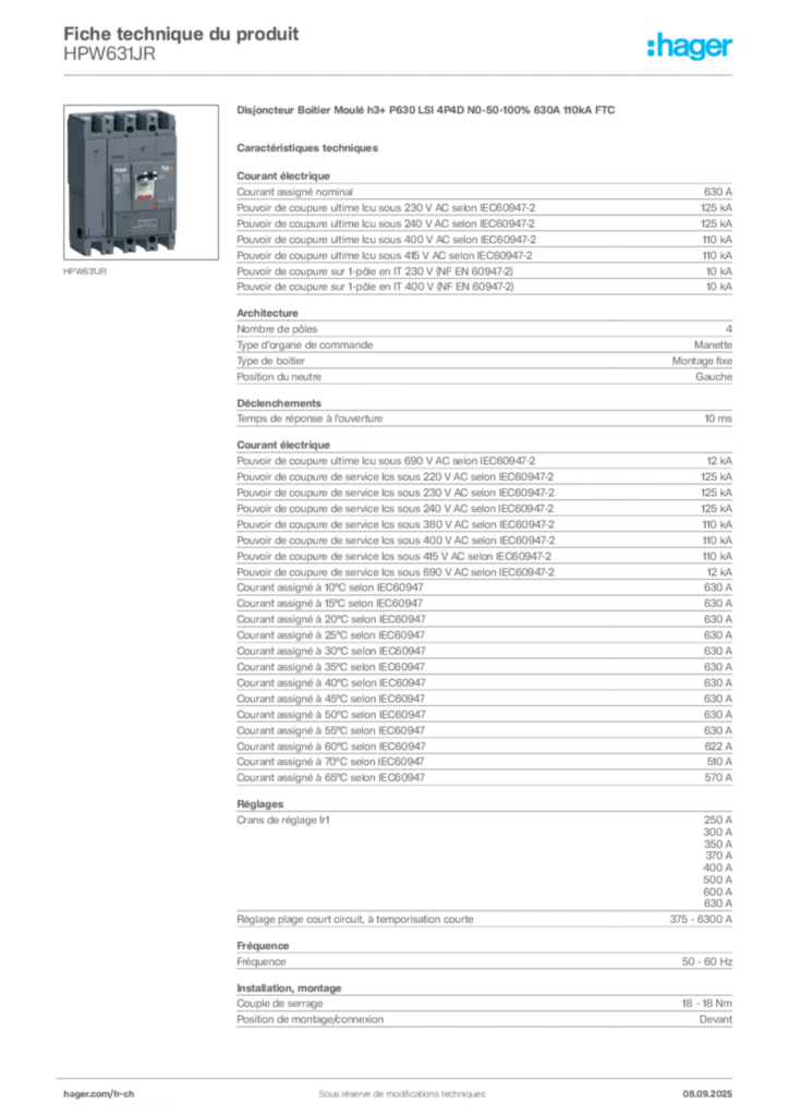 Image Hager Fiche technique du produit HPW631JR | Hager Suisse