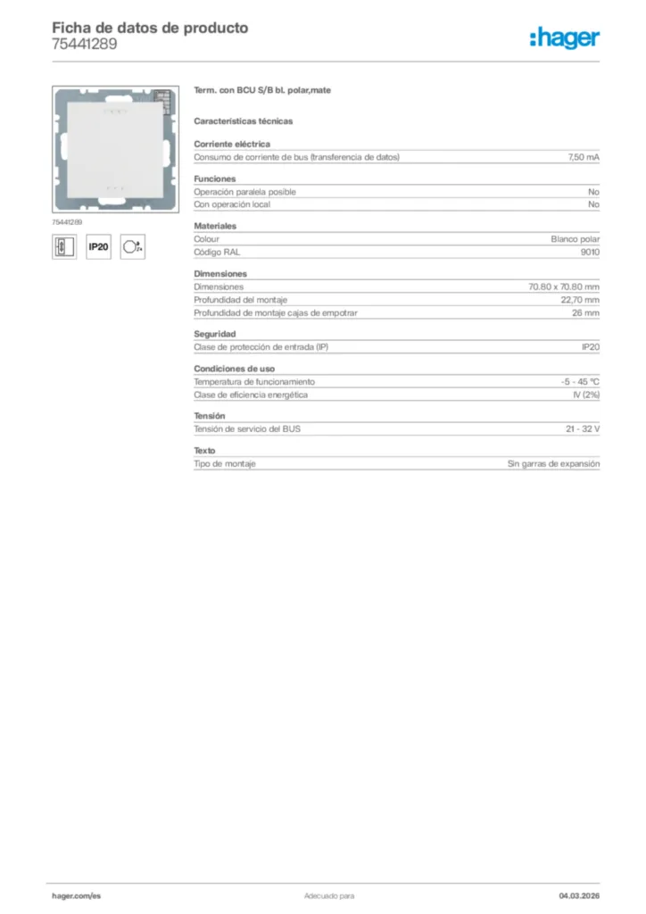 Imagen Hager Ficha de datos de producto 75441289 | Hager España