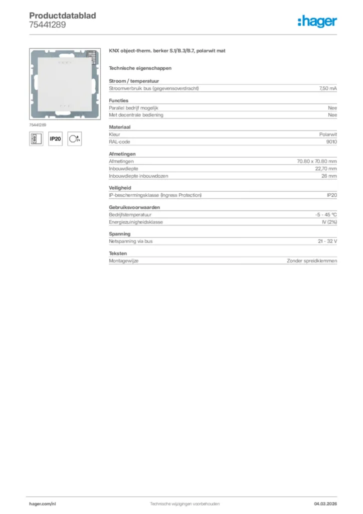 Afbeelding Hager Productdatablad 75441289 | Hager Nederland