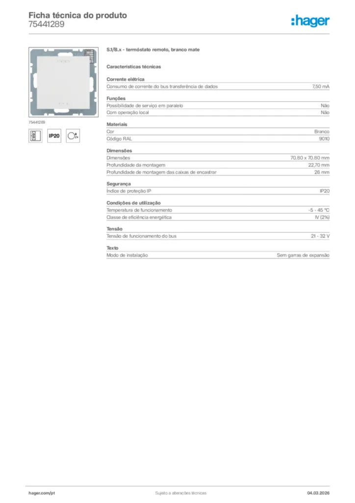 Imagem Hager Ficha técnica do produto 75441289 | Hager Portugal