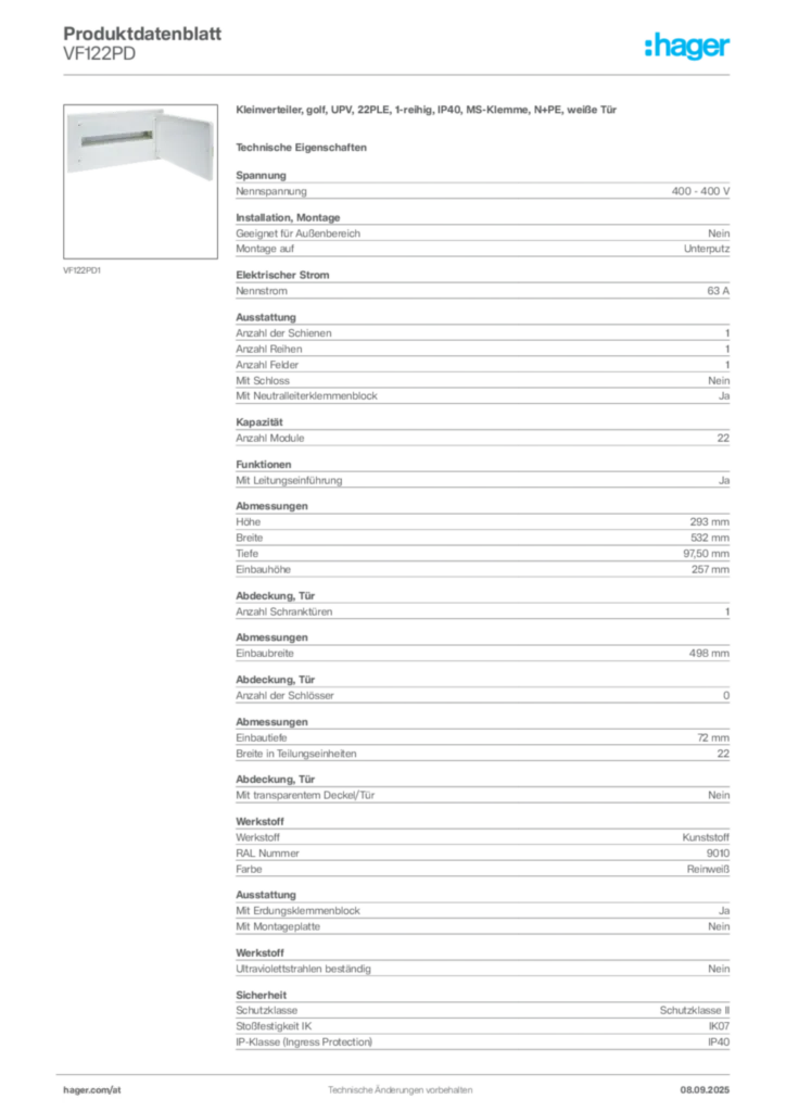 Bild Hager Produktdatenblatt VF122PD | Hager Deutschland