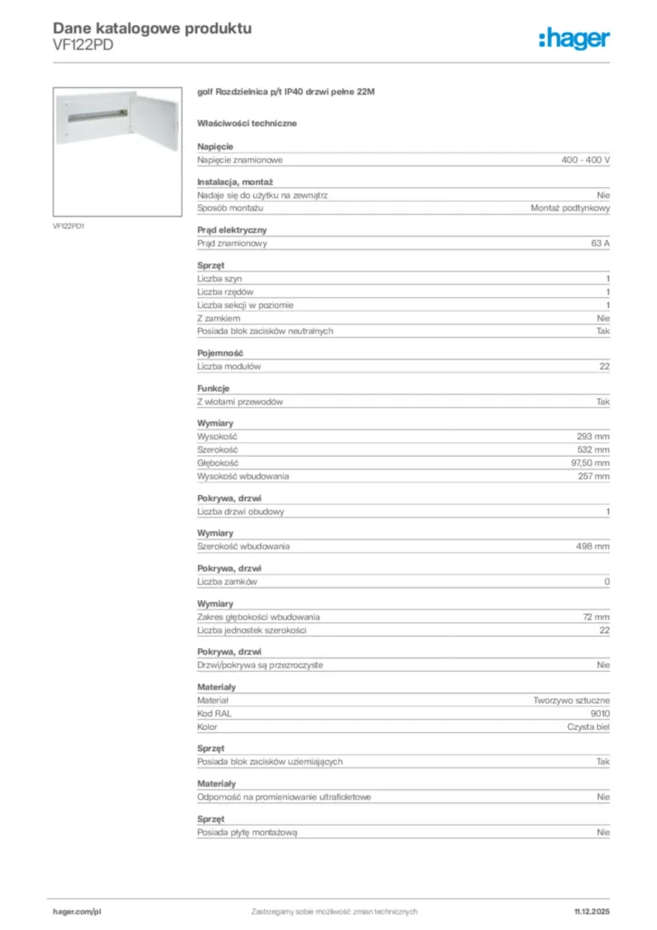 Zdjęcie Hager Dane katalogowe produktu VF122PD | Hager Polska