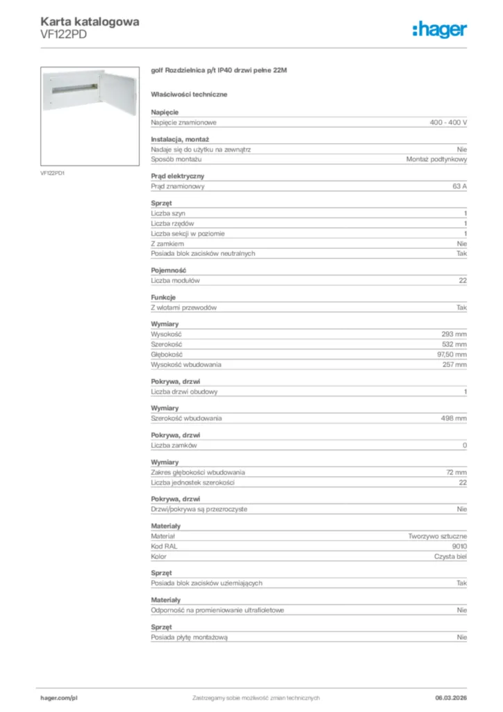 Zdjęcie Hager Karta katalogowa VF122PD | Hager Polska
