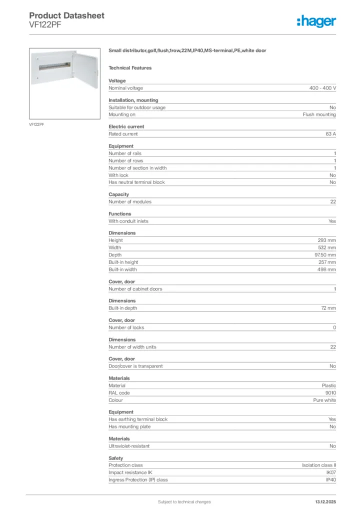 Image Hager Product data sheet VF122PF  | Hager Africa