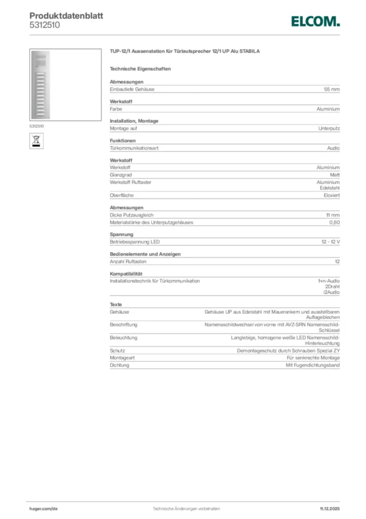 Bild Elcom Produktdatenblatt 5312510 | Hager Deutschland