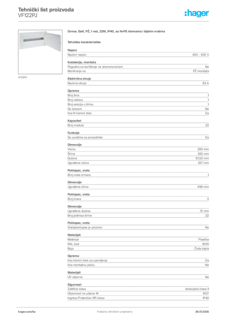Slika Hager Product data sheet VF122PJ  | Hager
