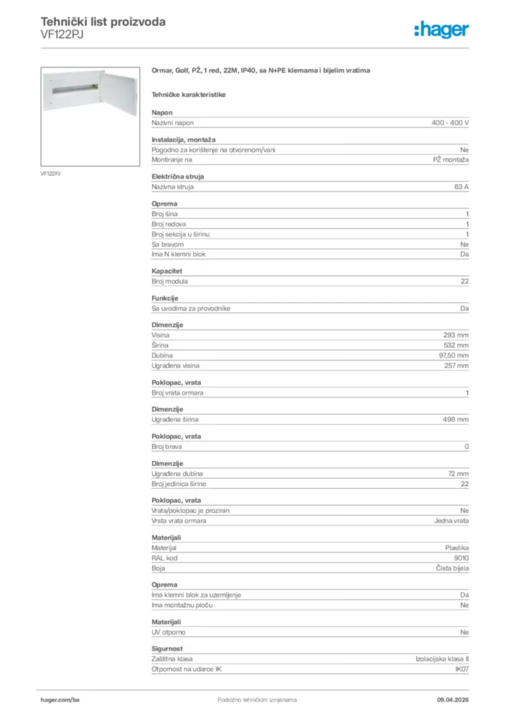 Slika Hager Tehnički list proizvoda VF122PJ  | Hager