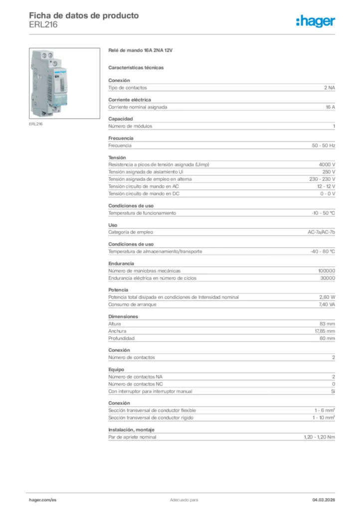 Imagen Hager Ficha de datos de producto ERL216 | Hager España