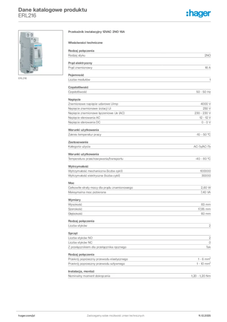 Zdjęcie Hager Dane katalogowe produktu ERL216 | Hager Polska
