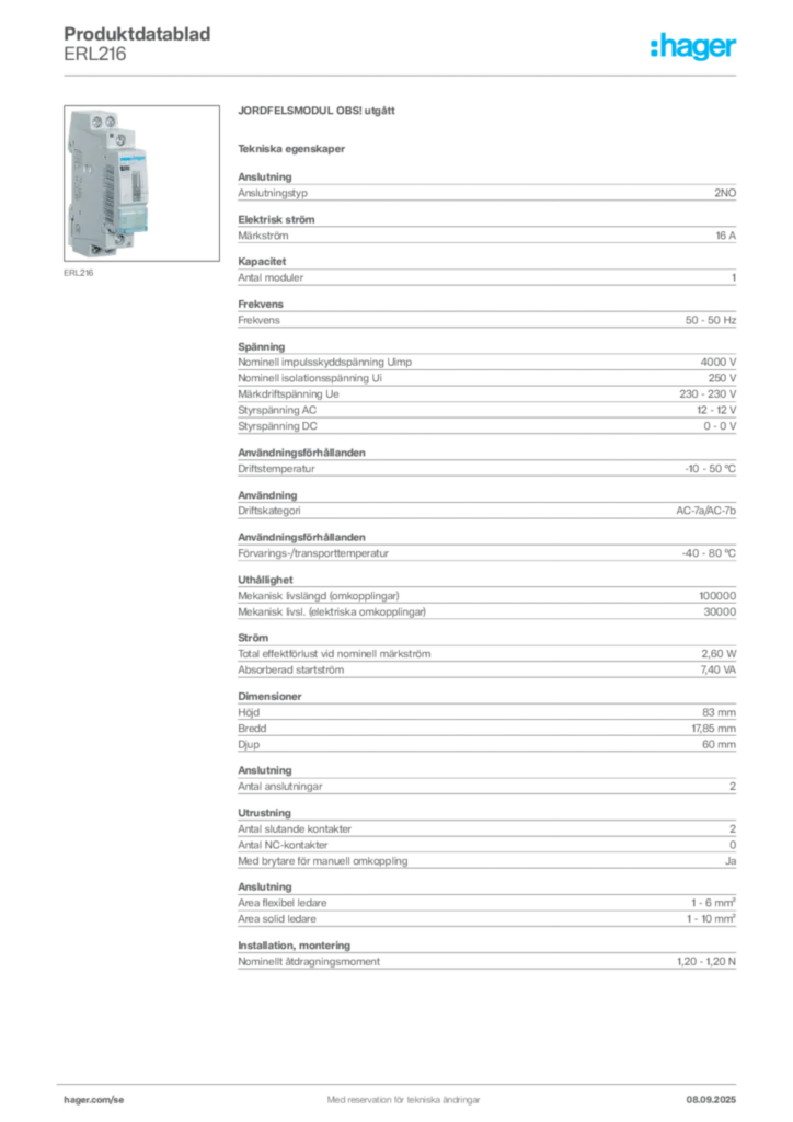 Bild Hager Produktdatablad ERL216 | Hager Sverige