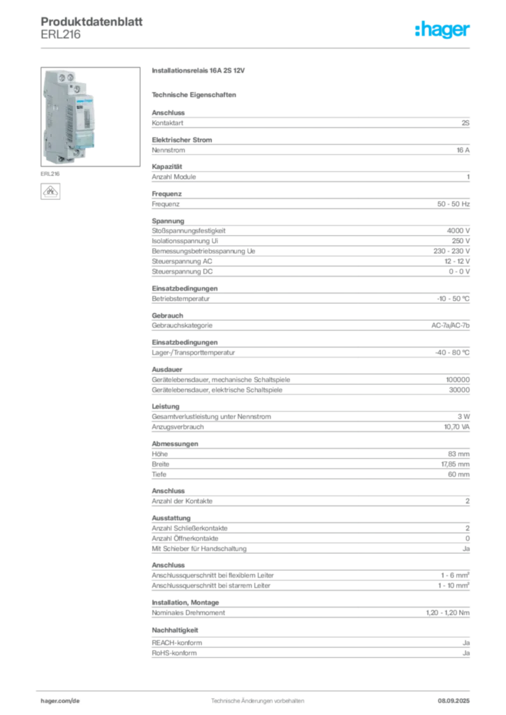 Hager Produktdatenblatt ERL216