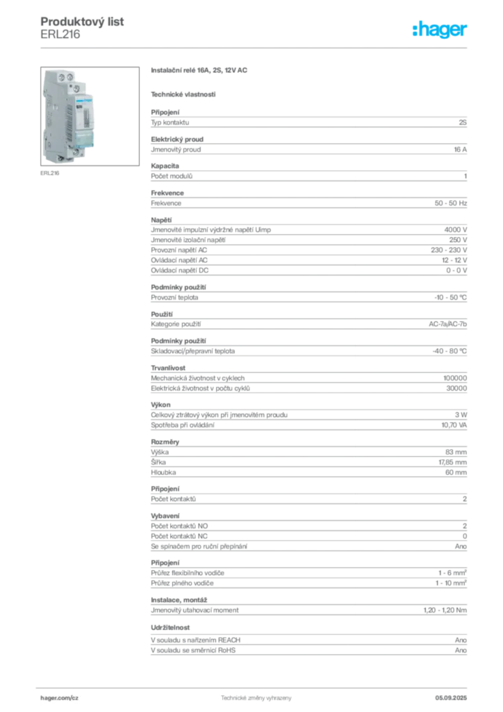 Obrázek Hager Produktový list ERL216 | Hager