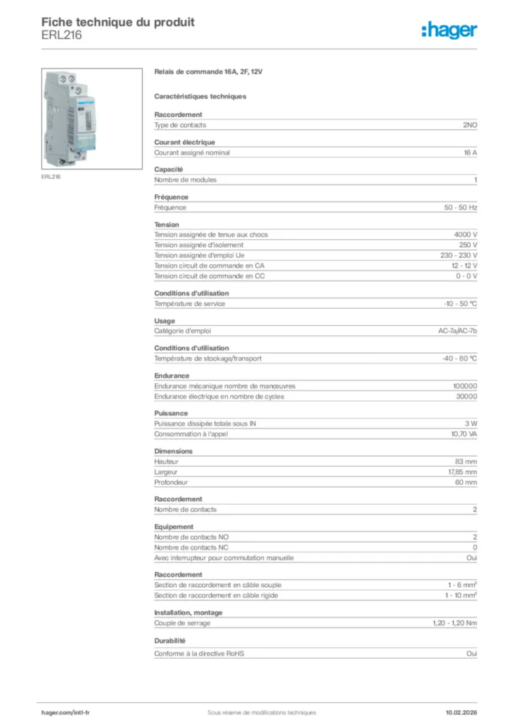 Image Hager Fiche technique du produit ERL216 | Hager Afrique