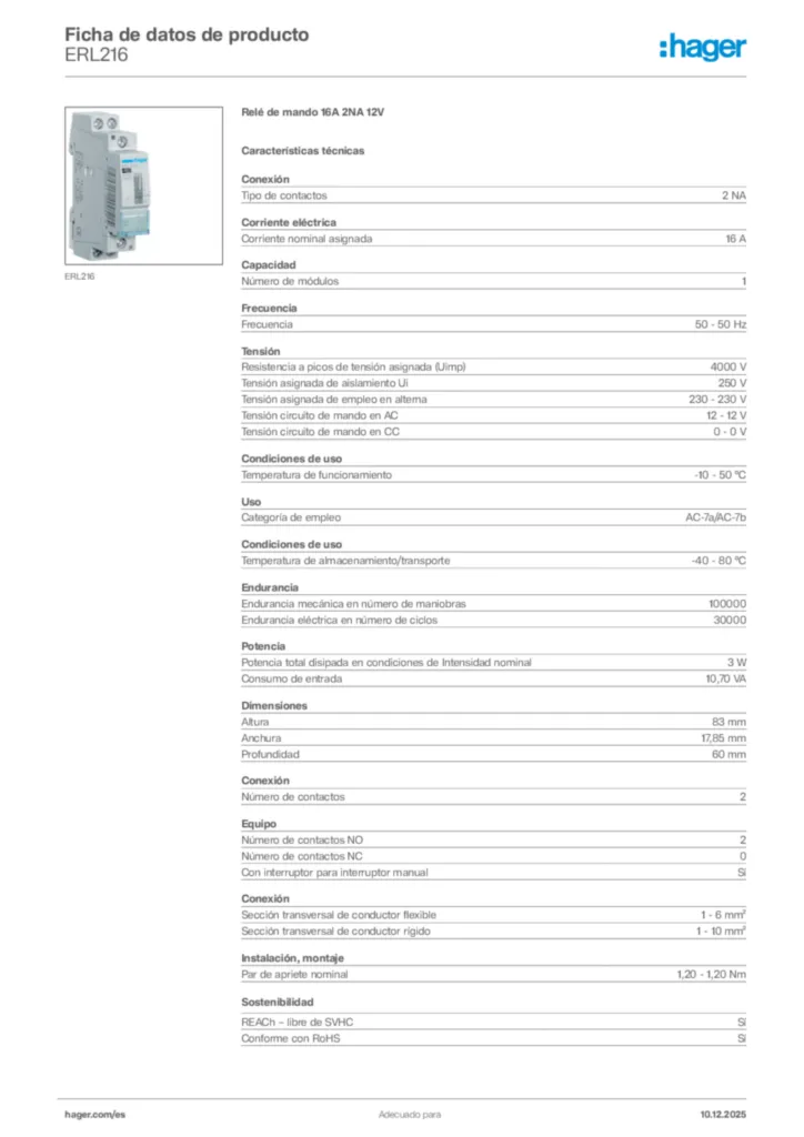 Imagen Hager Ficha de datos de producto ERL216 | Hager España