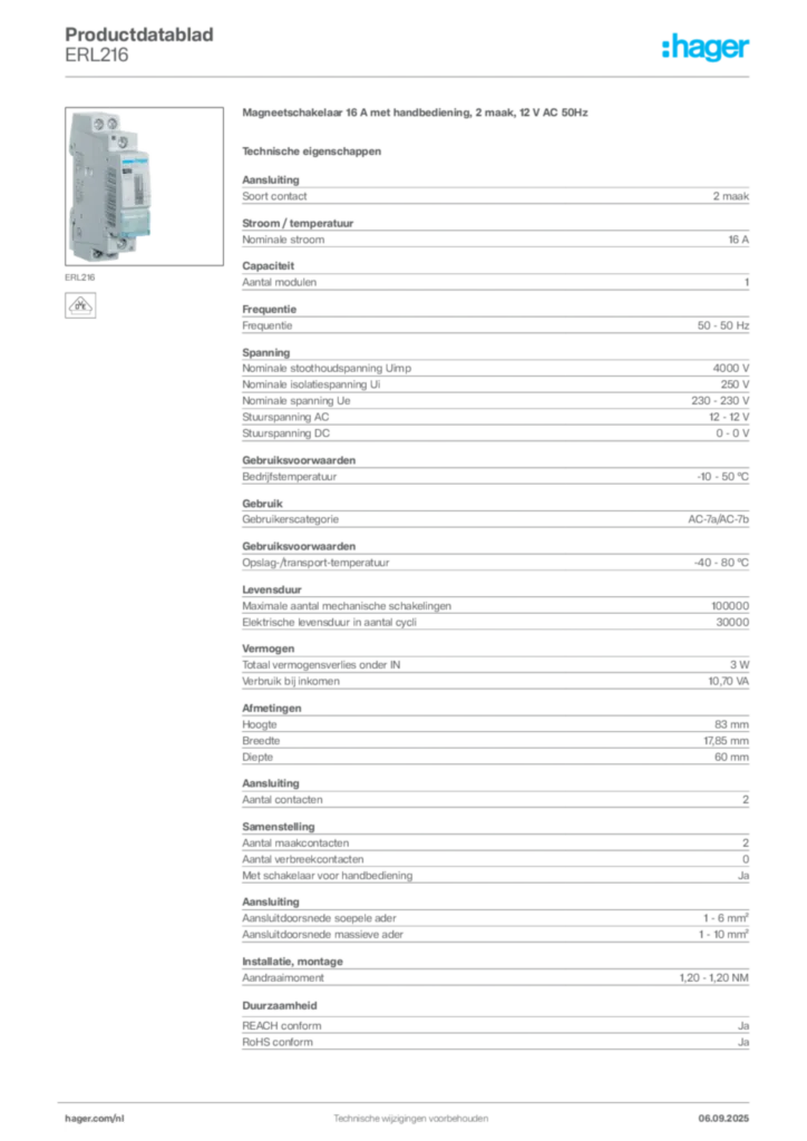Afbeelding Hager Productdatablad ERL216 | Hager Nederland