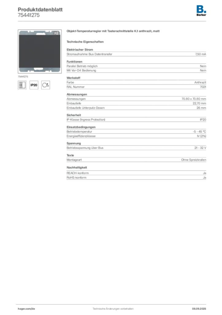 Bild Berker Produktdatenblatt 75441275 | Hager Deutschland