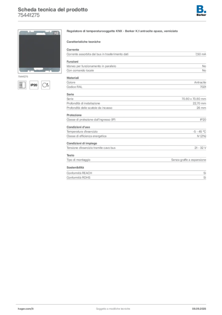 Immagine Berker Scheda tecnica del prodotto 75441275 | Hager Italia