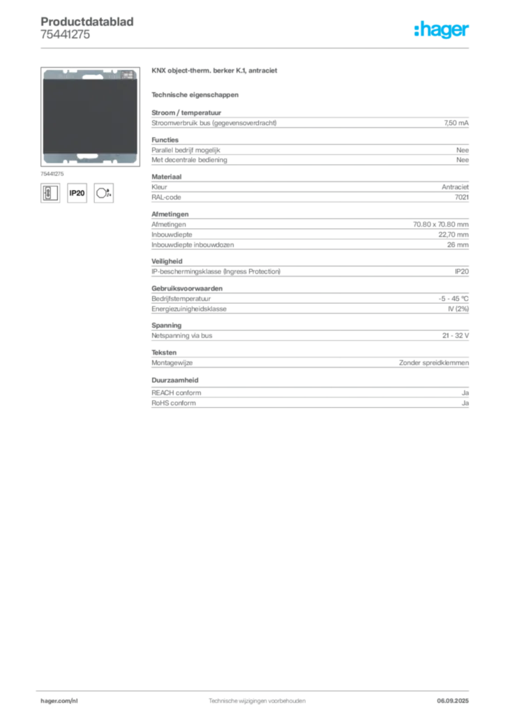 Afbeelding Hager Productdatablad 75441275 | Hager Nederland