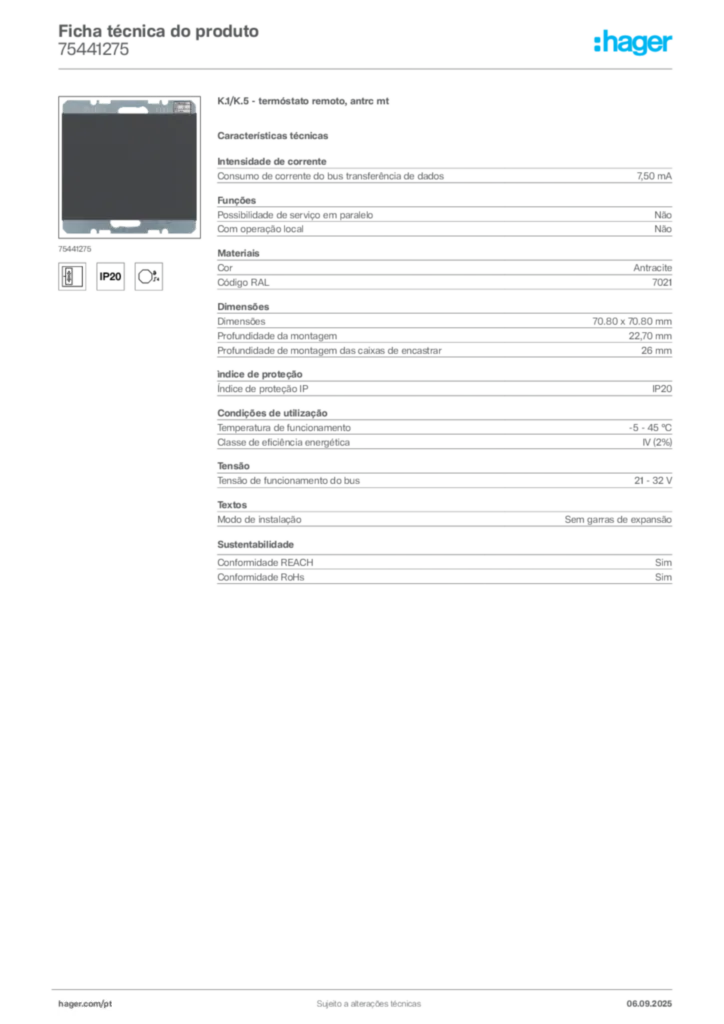 Imagem Hager Ficha técnica do produto 75441275 | Hager Portugal