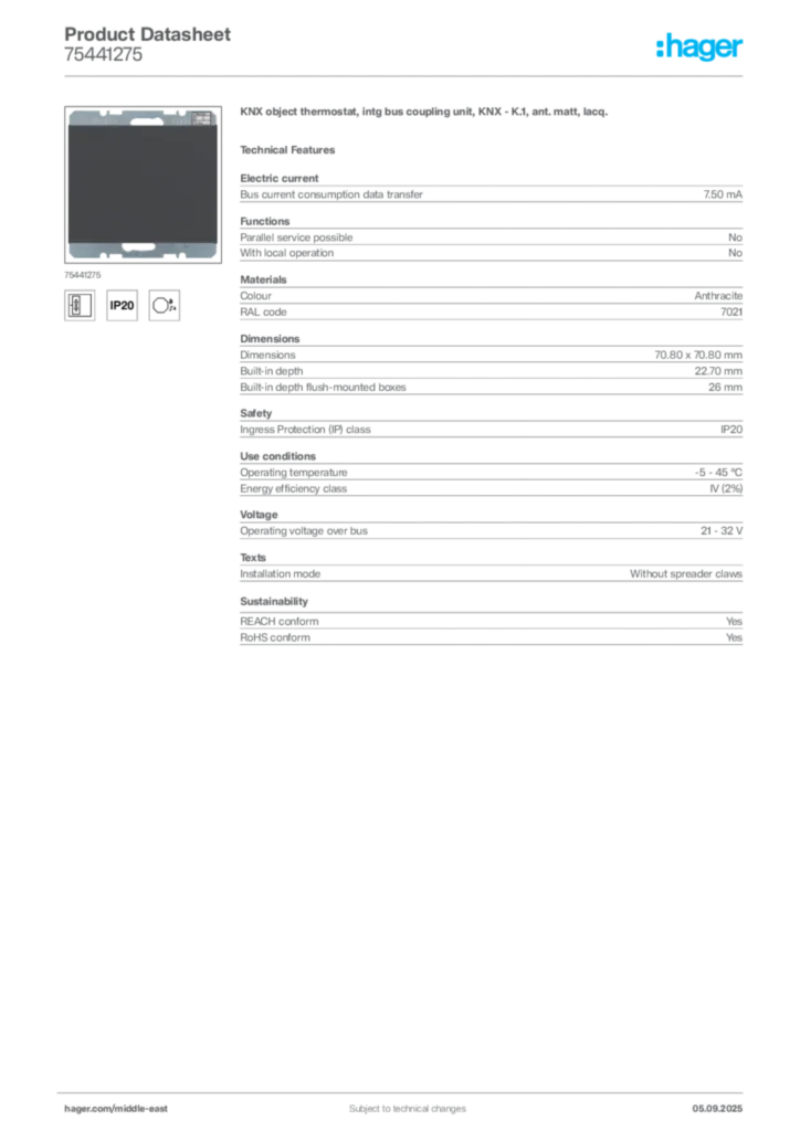 Image Hager Product data sheet 75441275  | Hager