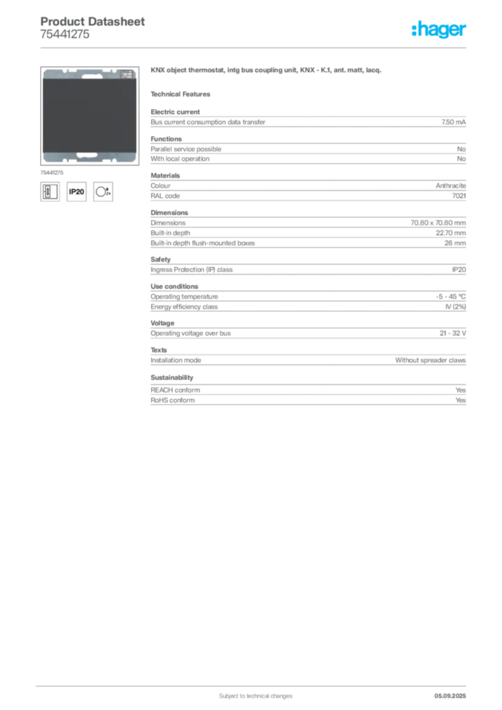 Image Hager Product data sheet 75441275  | Hager