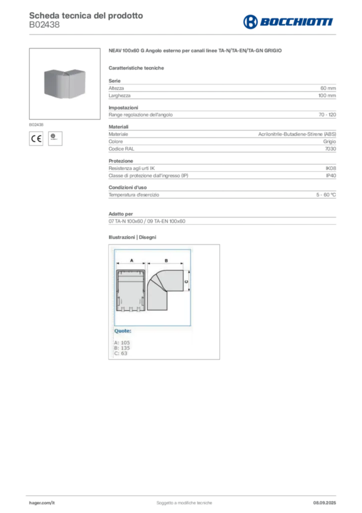 Immagine Bocchiotti Scheda tecnica del prodotto B02438 | Hager Italia