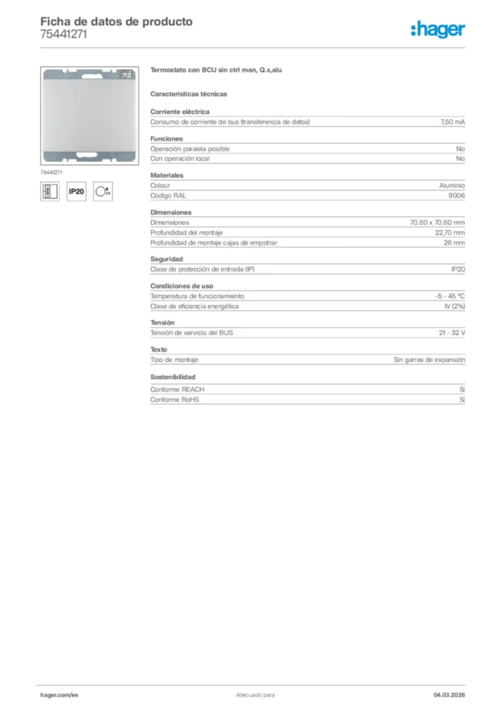 Imagen Hager Ficha de datos de producto 75441271 | Hager España