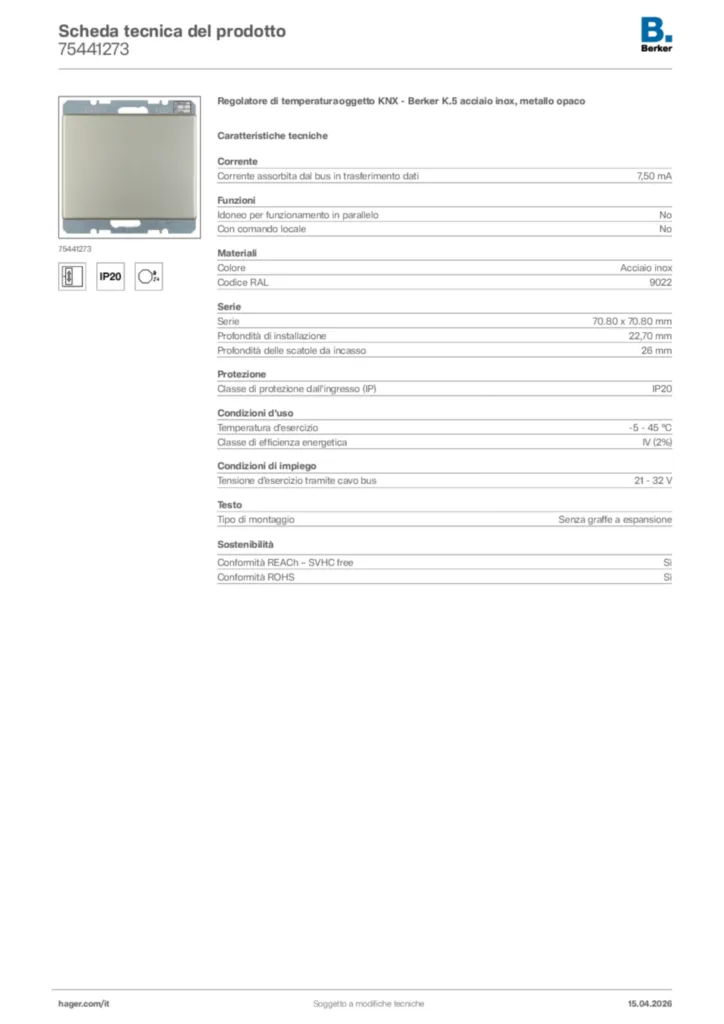 Immagine Berker Scheda tecnica del prodotto 75441273 | Hager Italia