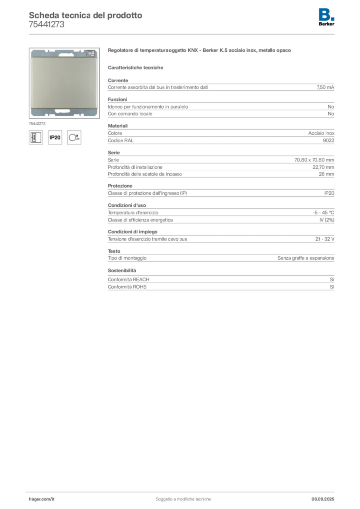 Immagine Berker Scheda tecnica del prodotto 75441273 | Hager Italia