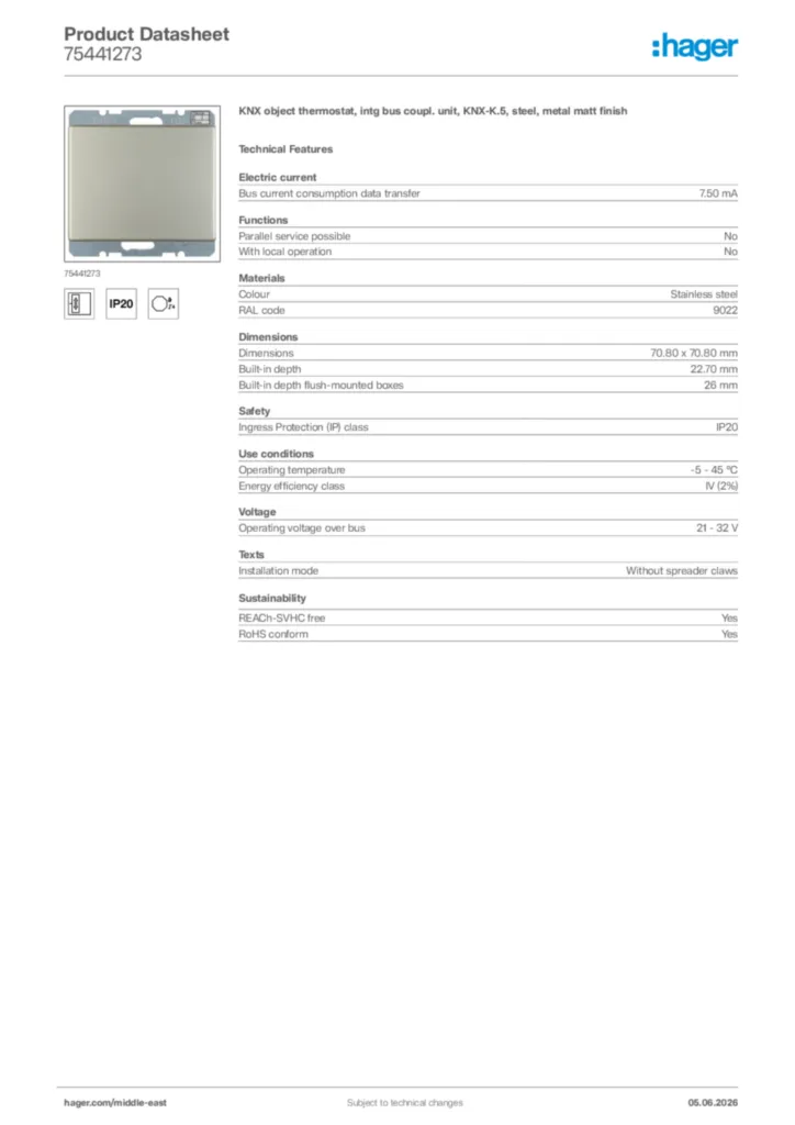 Image Hager Product data sheet 75441273  | Hager