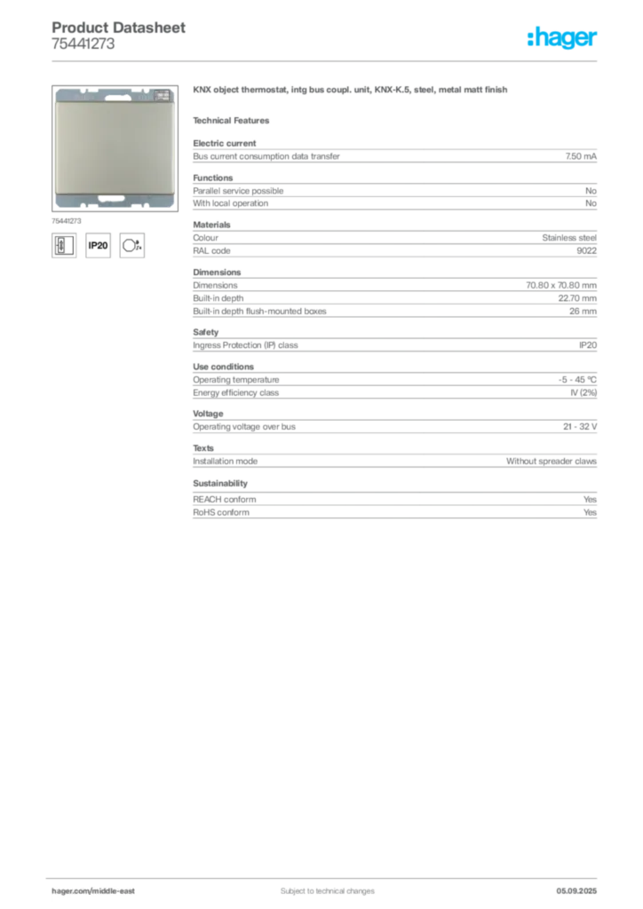 Image Hager Product data sheet 75441273  | Hager