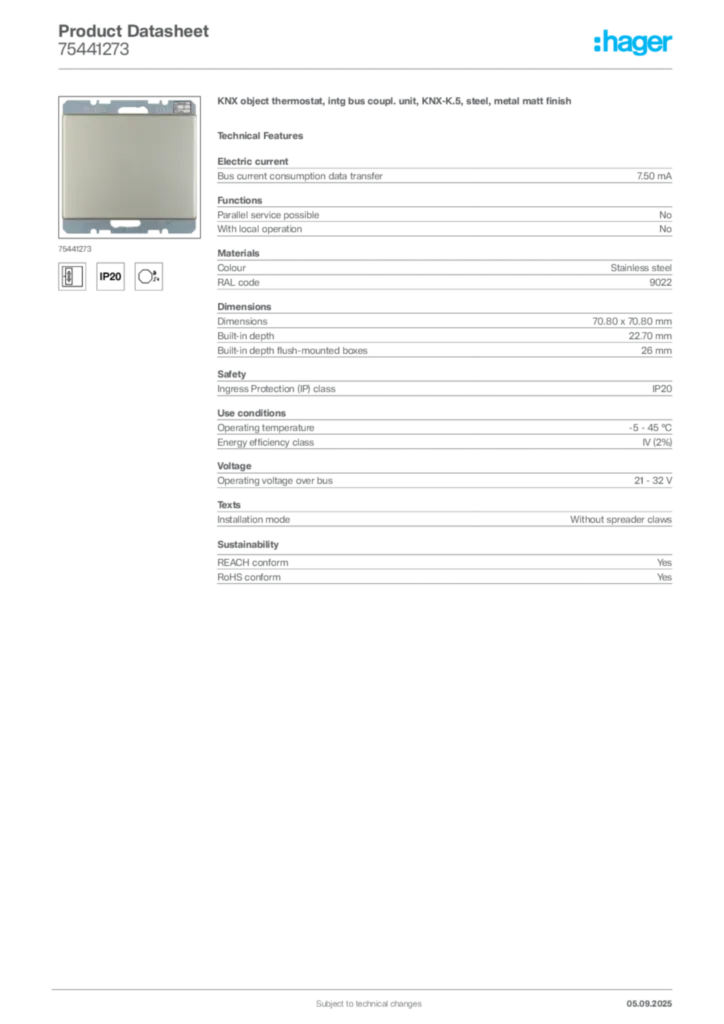 Image Hager Product data sheet 75441273  | Hager