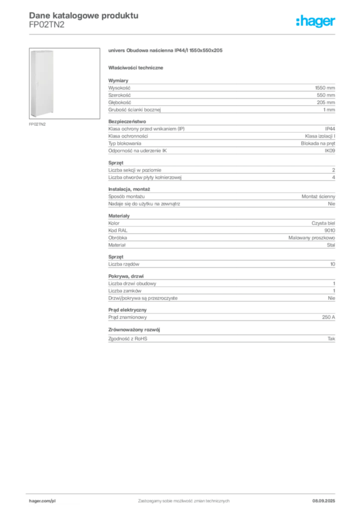 Zdjęcie Hager Dane katalogowe produktu FP02TN2 | Hager Polska