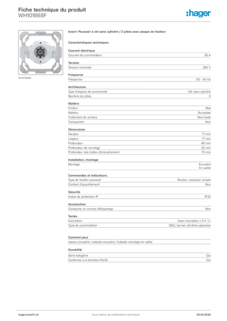 Image Hager Fiche technique du produit WH101868F | Hager Suisse