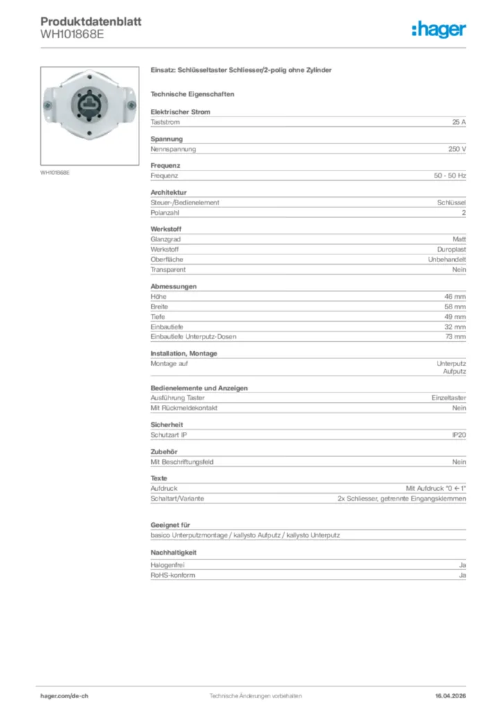 Bild Hager Produktdatenblatt WH101868E | Hager Schweiz