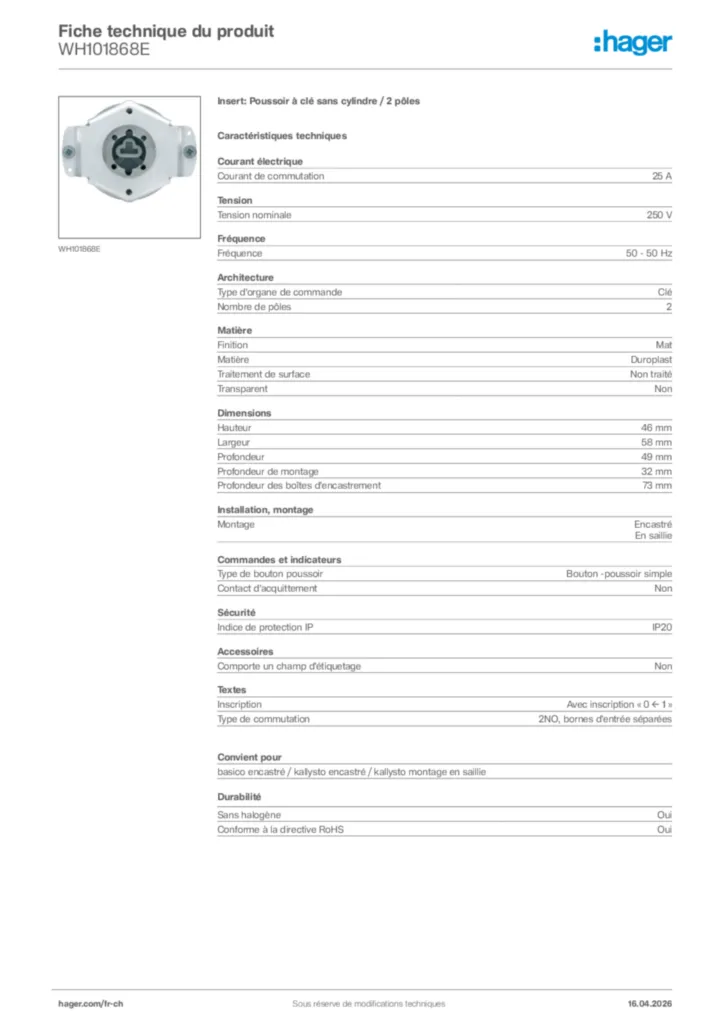 Image Hager Fiche technique du produit WH101868E | Hager Suisse