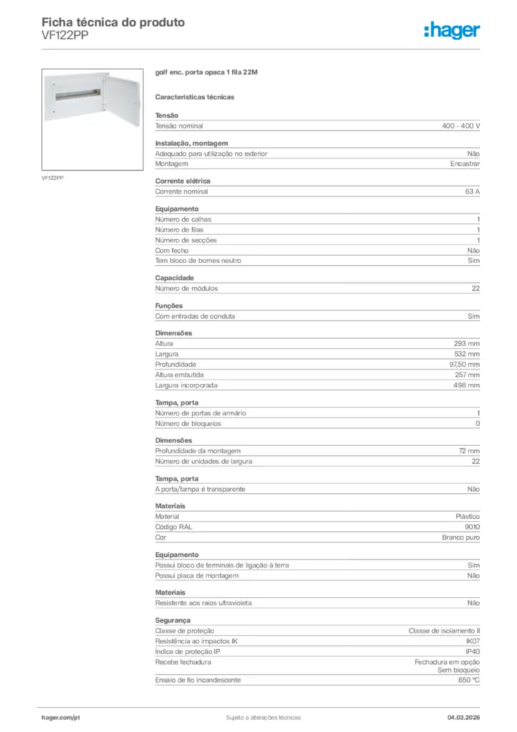 Imagem Hager Ficha técnica do produto VF122PP | Hager Portugal