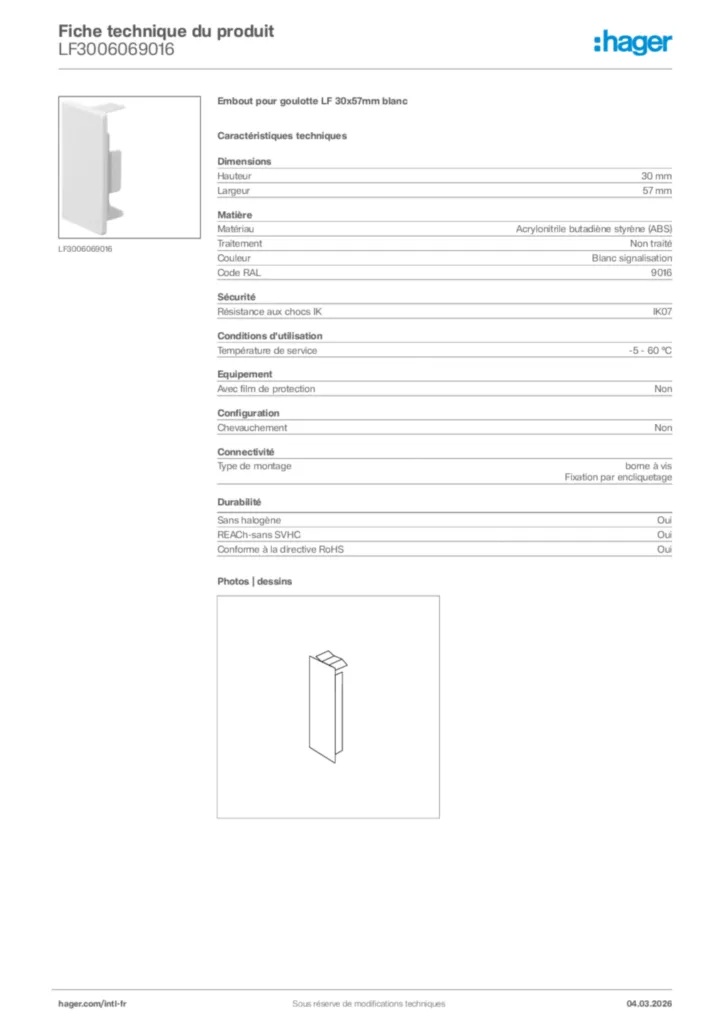 Image Hager Fiche technique du produit LF3006069016 | Hager Afrique