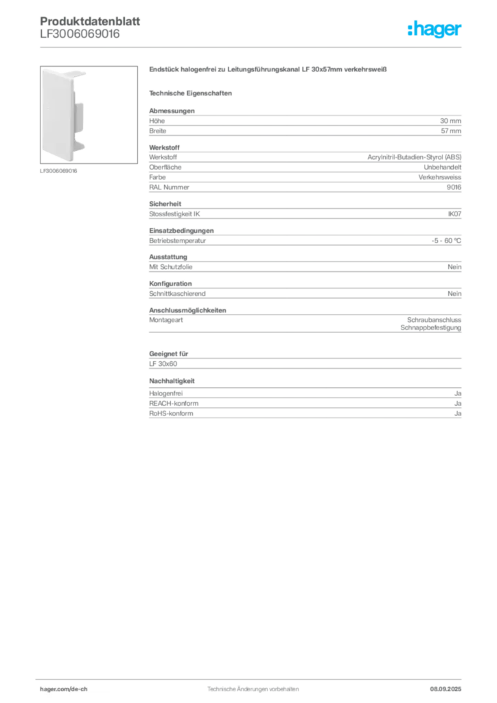 Bild Hager Produktdatenblatt LF3006069016 | Hager Schweiz