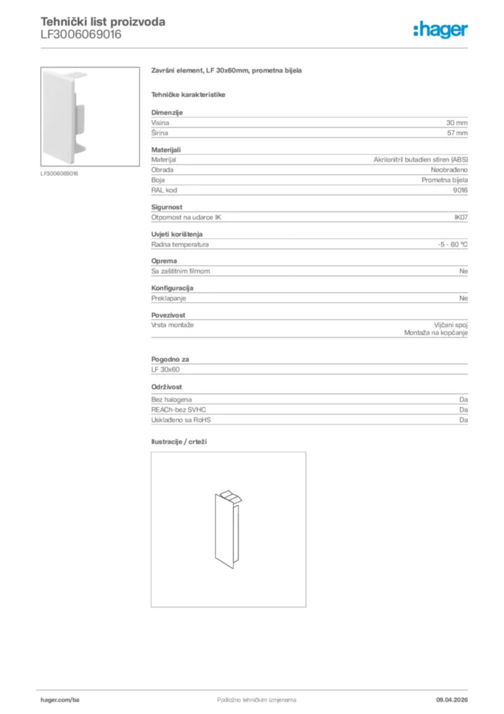 Slika Hager Tehnički list proizvoda LF3006069016  | Hager