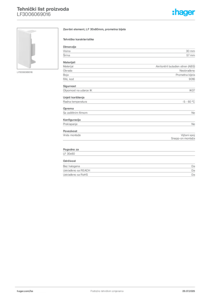 Slika Hager Product data sheet LF3006069016  | Hager