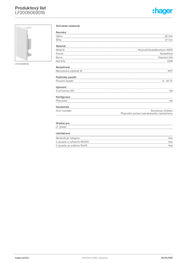 Obrázek Hager Produktový list LF3006069016 | Hager