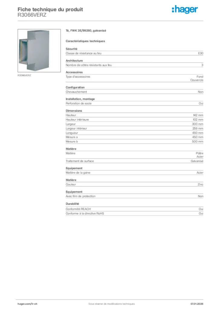 Image Hager Fiche technique du produit R3066VERZ | Hager Suisse