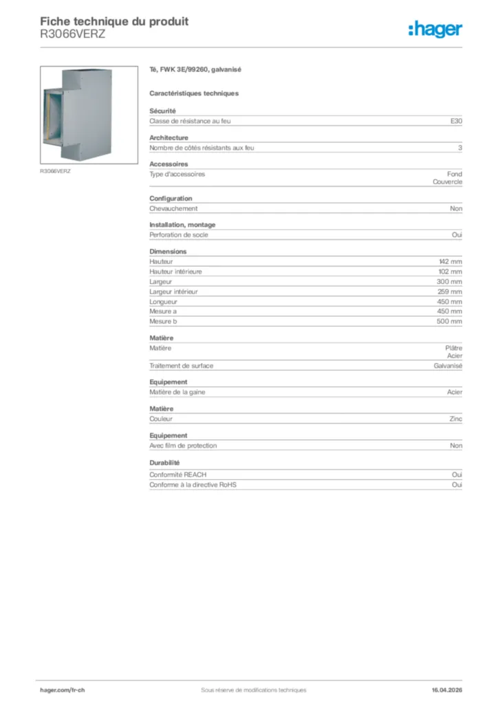 Image Hager Fiche technique du produit R3066VERZ | Hager Suisse