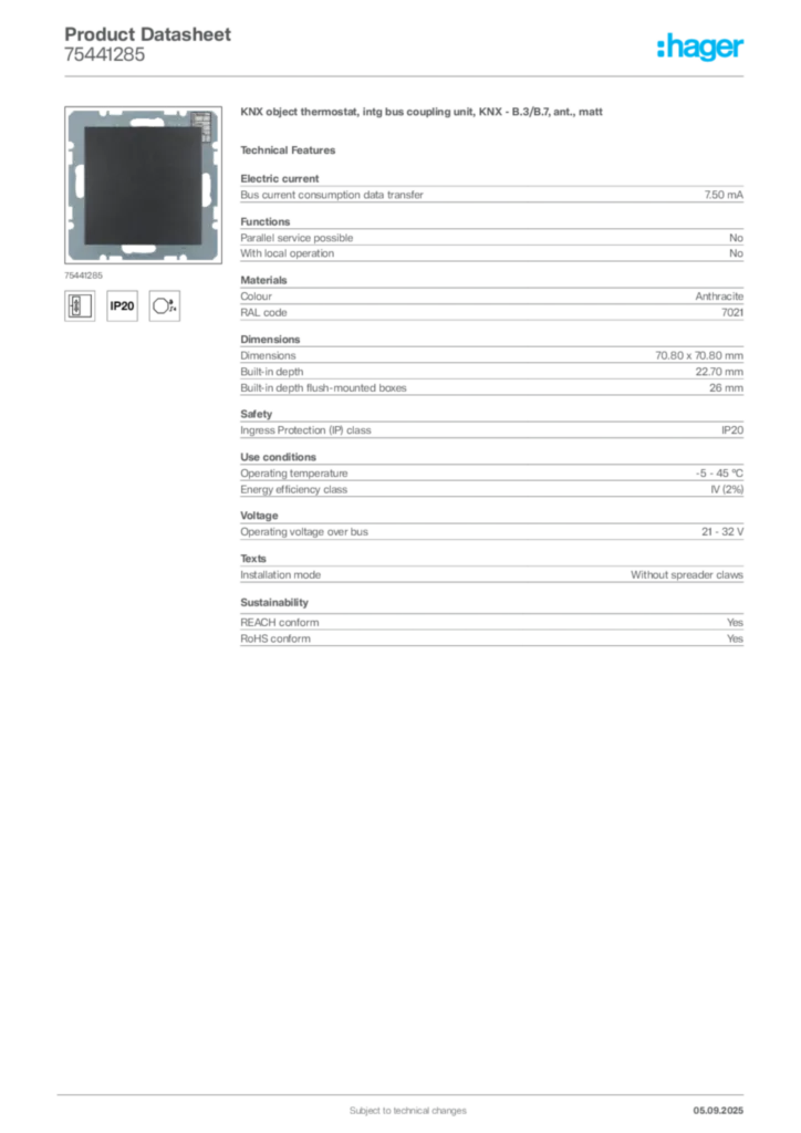 Image Hager Product data sheet 75441285  | Hager