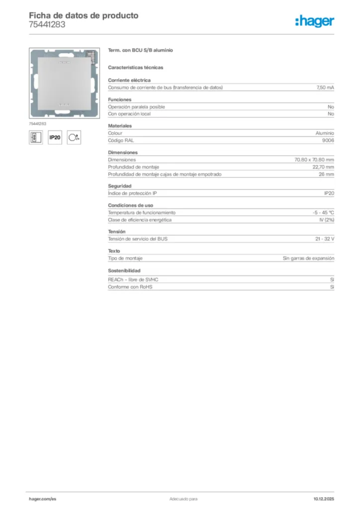 Imagen Hager Ficha de datos de producto 75441283 | Hager España